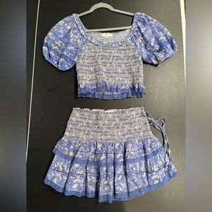 Love Shack Fancy smocked ruffle crop top and skirt Blues XS